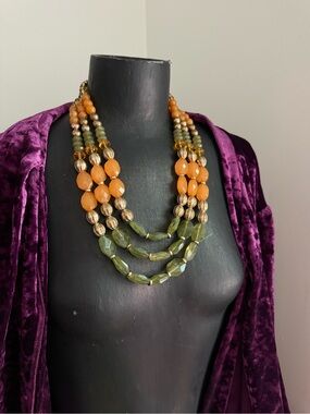 Layered Green and Orange Beaded Statement Necklace from the 90s y2k style boho